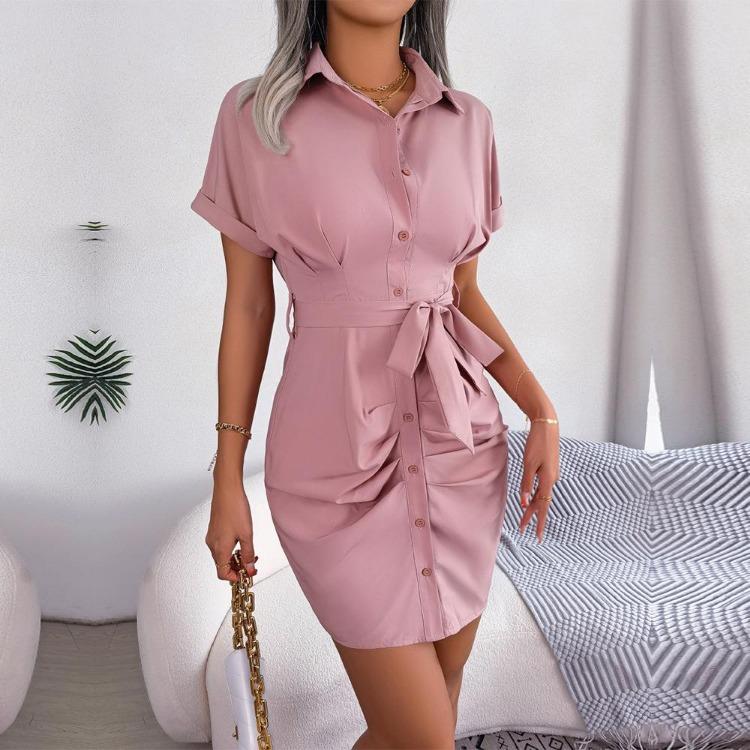 

Summer Women Slim Short Dress Solid Color Bat Sleeves Wrapped Waist Folded Shirt Skirt L розовый