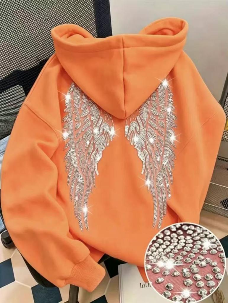 Hanorac cu glugă și mânecă lungă pentru femei, croială regulată, hoodie casual, pulover cu imprimeu aripi cu strasuri, poliester, îmbrăcăminte exterioară fashion