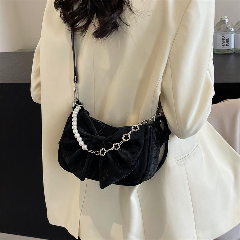 Bow bag women's fashion new pearl chain messenger bag fashionable simple sweet texture shoulder bag