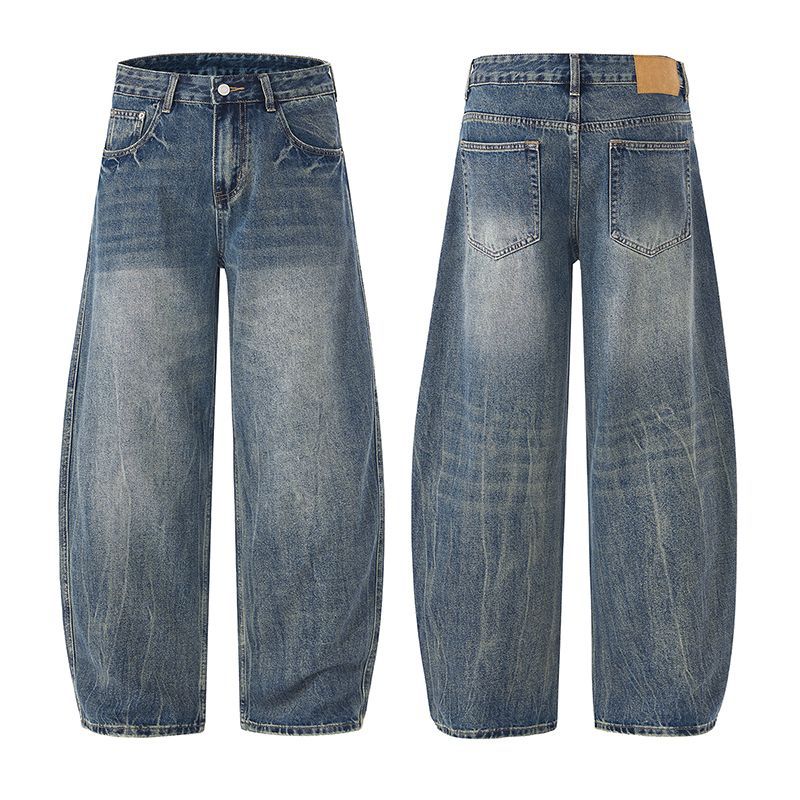 American Retro Trendy Brand Washed Old Scimitar Jeans Men's Loose Wide Legs Drape Casual Blue Long Pants