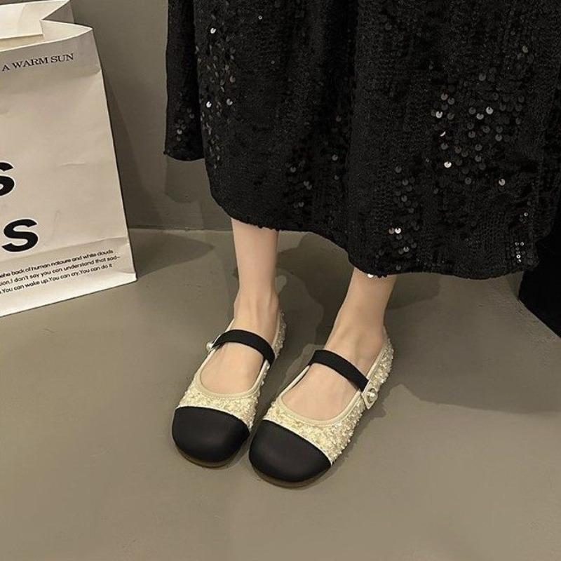 Women's Flat Shoes Black Round Toe Sequins Ladies Footwear Low Heel Elegant Slip on 2025 Summer Fashionable Korean Style Popular