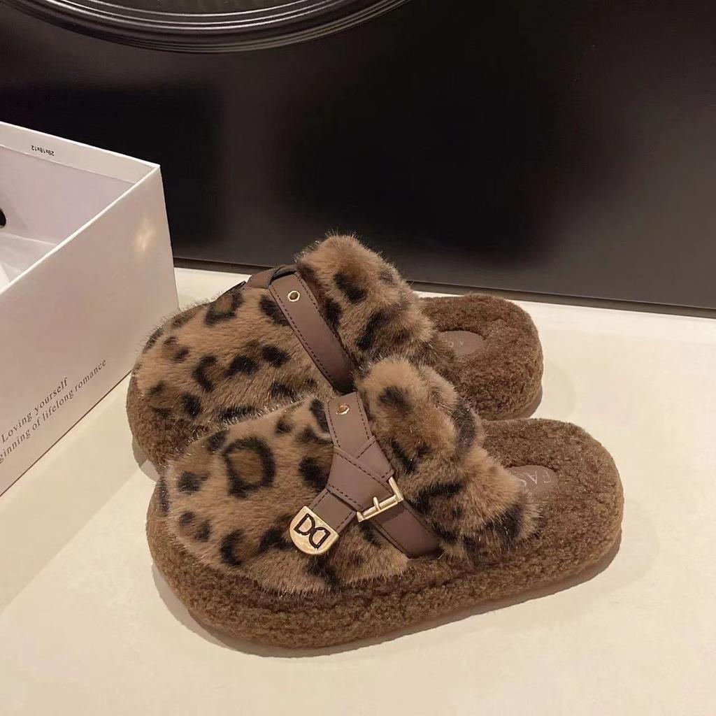 Leopard Print Fluffy Slippers Women's Winter Indoor Home Velvet Warm New Bag Head Thick Bottom Cotton Slippers Outer Wear