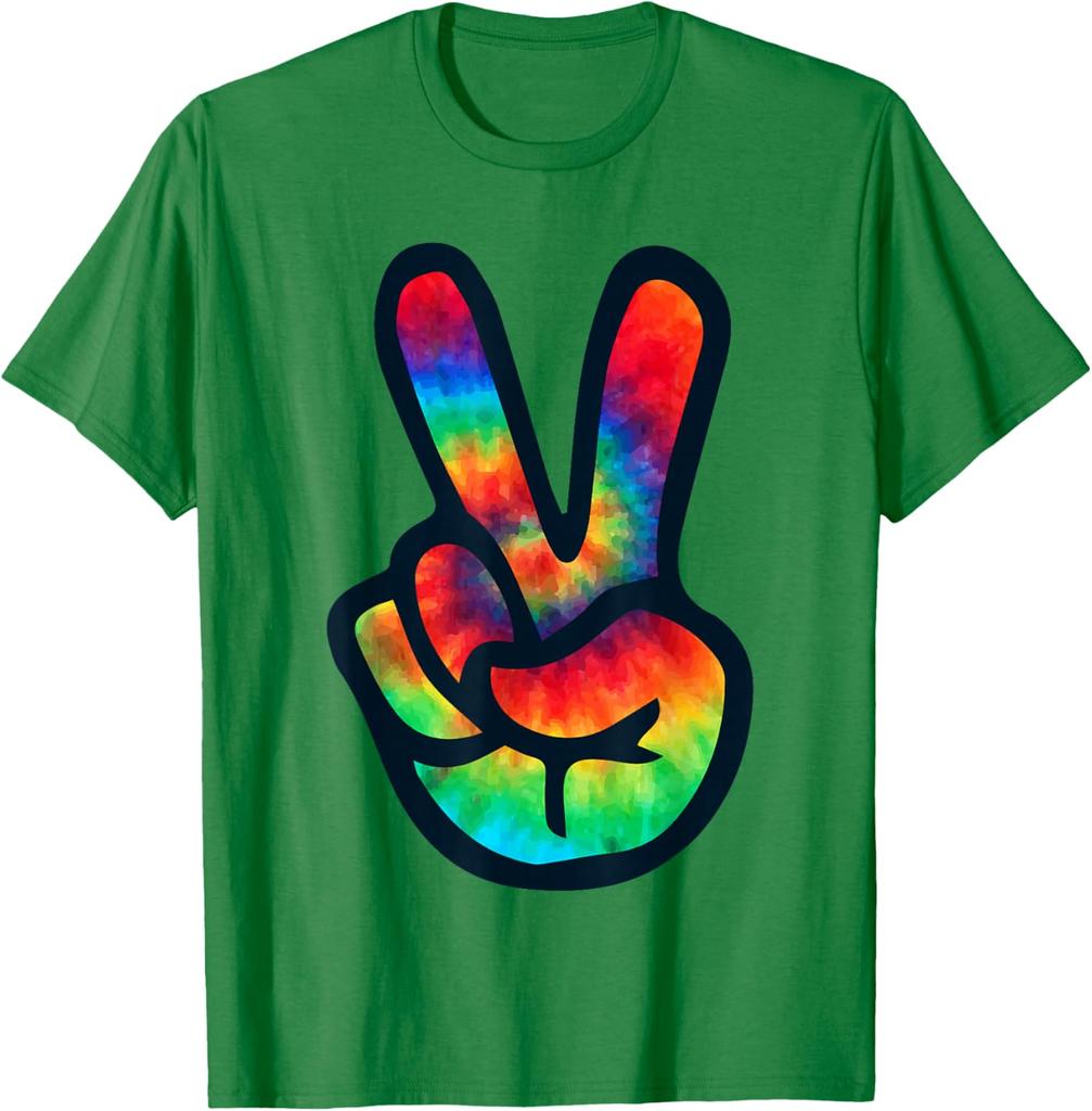 Tie Dye Peace Sign Hippie V Hand Graphic Short Sleeve Cotton Crew Neck TShirt