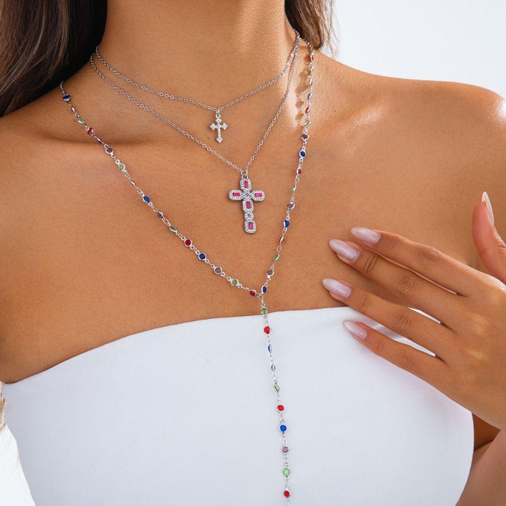Layered Style Colorful Crystal Necklace Colorful Crystals Ins Style Necklace  Trendy Style
