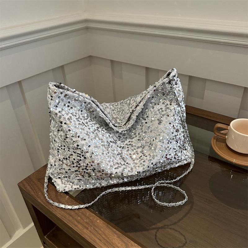 Stylish Korean Style Large Capacity Chic Chain Tote Bag For Women In Black White Silver