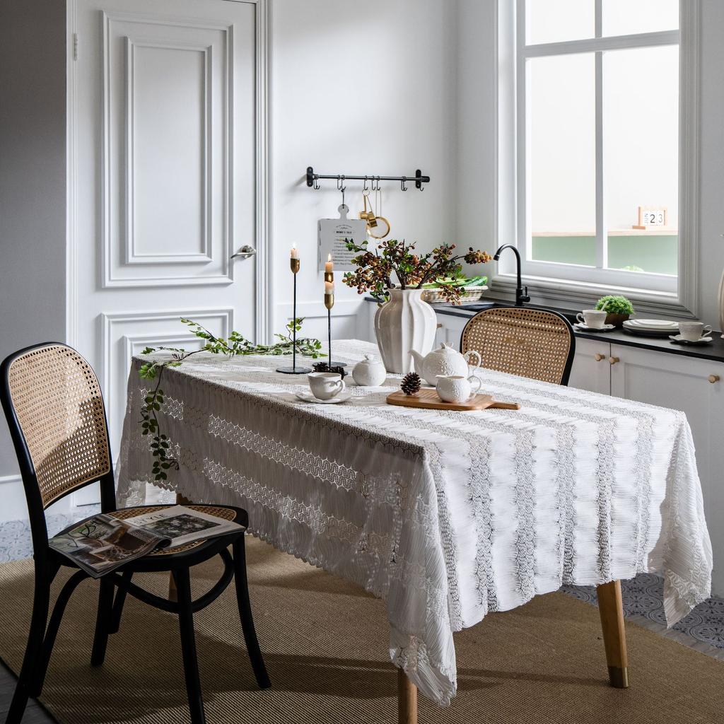French Retro Jacquard Lace White Tablecloth Household Rectangular Coffee Table Dining Table Fabric Hollow