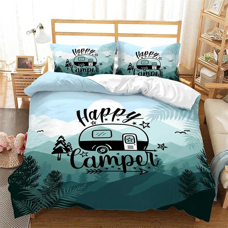 Happy Camping Duvet Cover Microfiber Camping Travel Car Tree Bedding Set Camper Comforter Cover Twin Queen For Boys Girls Teens