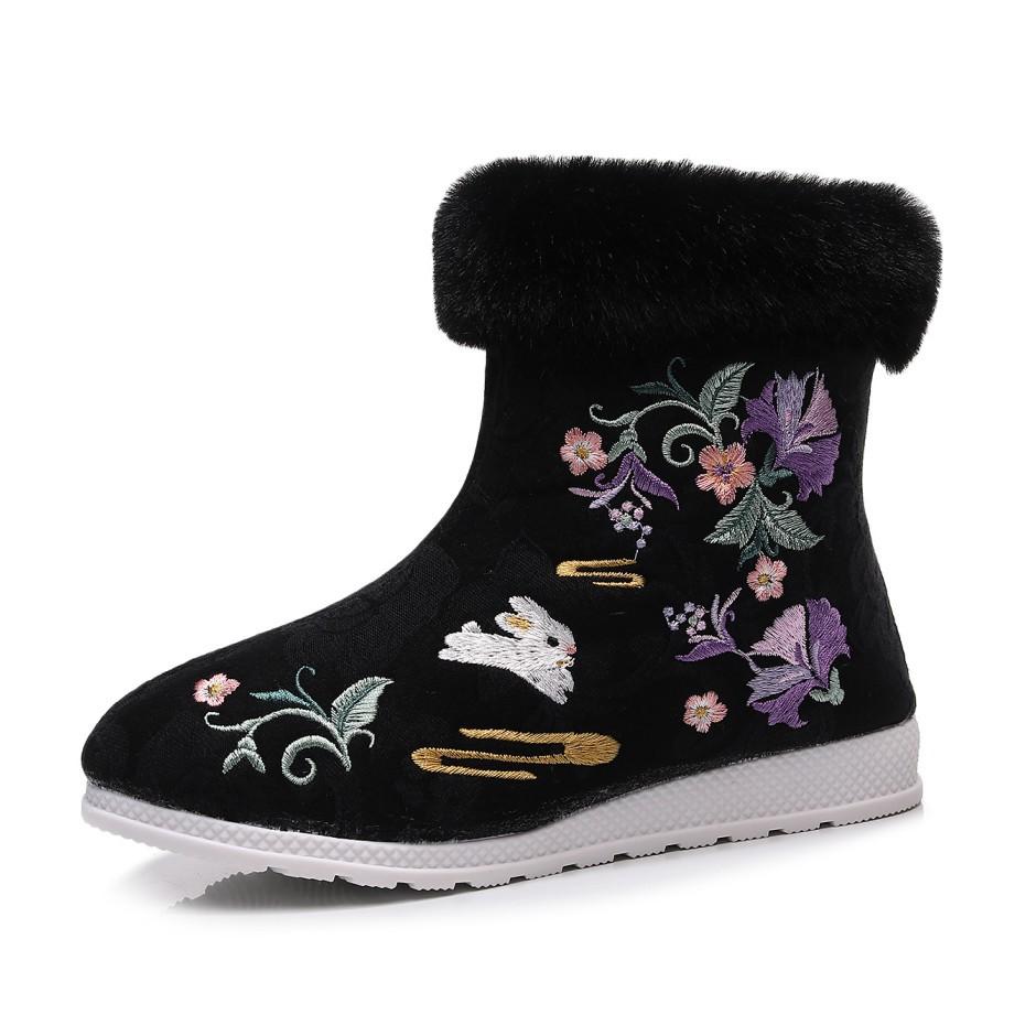 Botas de neve femininas forradas de pele sintética de inverno ao ar livre antiderrapante botas de tornozelo bordadas com zíper casual forrado de pelúcia botas curtas para mulheres
