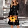 Women's Casual Fashion Sexy Comfortable Sundress Button Long Sleeves With Pockets Halloween Printed Dress