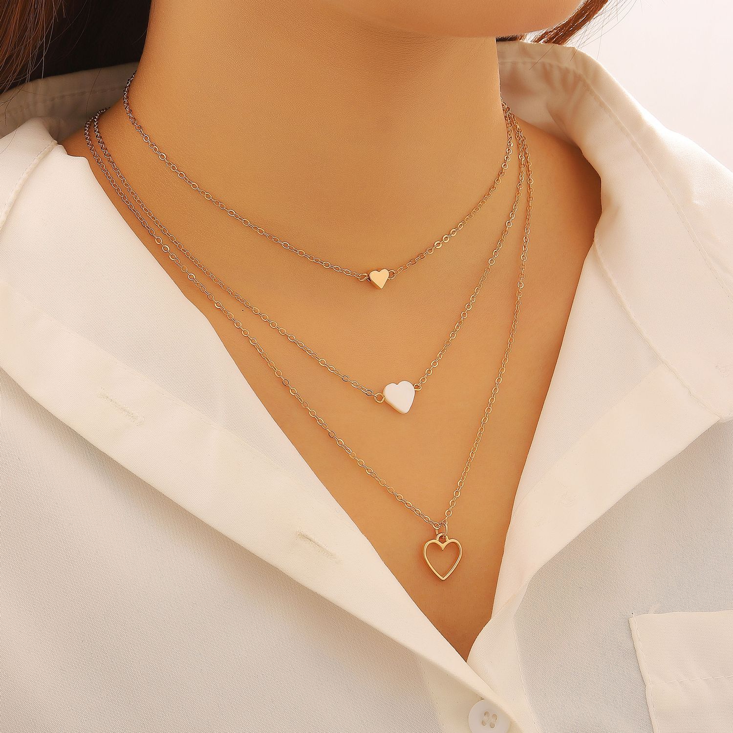 3pcs Set Korean Fashion Gold Color Heart-shaped Love Pendant Stacked Necklaces for Women Exquisite Valentine s Day Gifts Jewelry