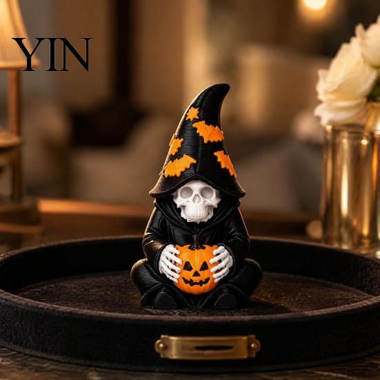 Atmospheric Entrance Decorations Halloween Skeleton Wizard Figurine, 3D Printed Gothic Statue with Mysterious Bookshelf Ornaments Pumpkin& Bat
