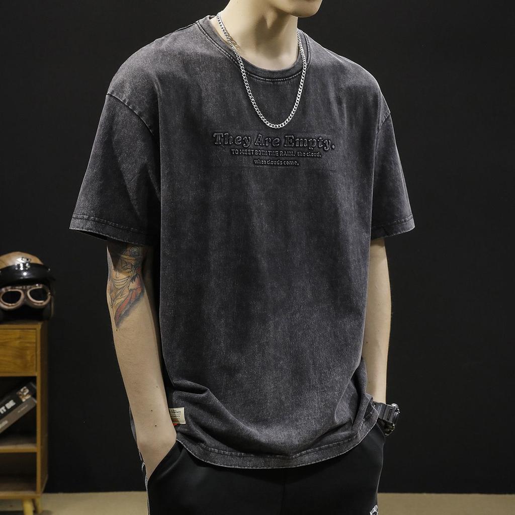 American Retro Men Short-sleeved T-shirt in Summer Old Loose Large-size Korean Pullover