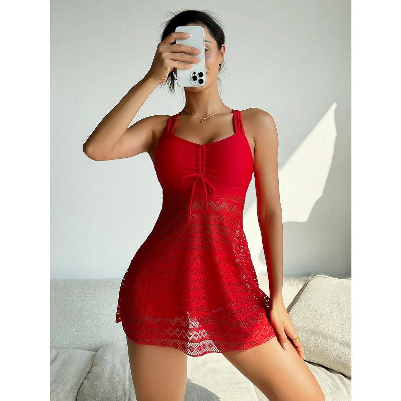 

Solid Color Gathering Lace Tankini Gauze Skirt One-piece Swimsuit, Thin Conservative Swimsuit Hot-selling 4XL червоний