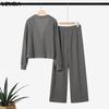 VONDA Two Piece Suit Autumn Spring Women Rib Long Sleeve Blouse and Pants Casual Sets