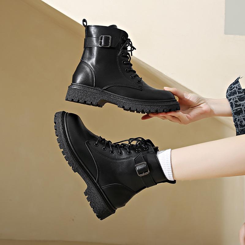 Women's 2025 Round Toe Lace-up Martin Boots with Side Zipper and Thick Sole - British Style Fashionable Short Boots