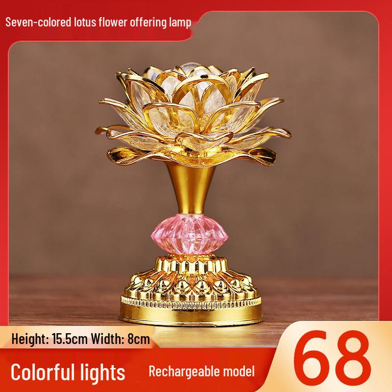 Seven-Color LED Rechargeable Buddha Offering Lamp - Lotus Design for Home and Guanyin Devotion.