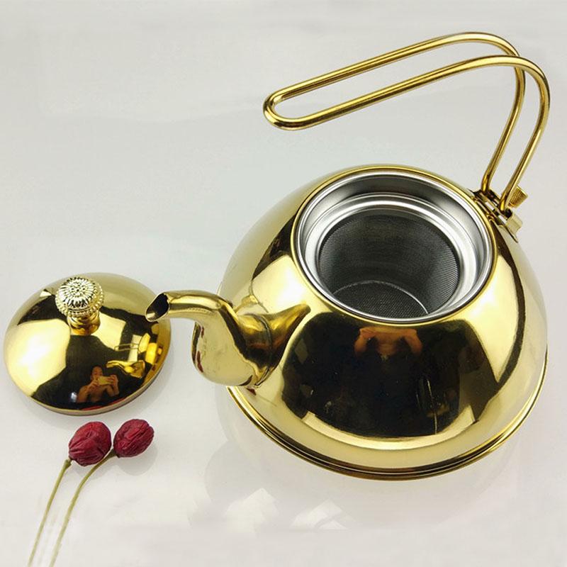 BORREY1.5L Silver Gold Teapots Stainless Steel Kettle Hotel Tea Pot With Filter Restaurant Gas Stove Induction Cooker Tea Kettle