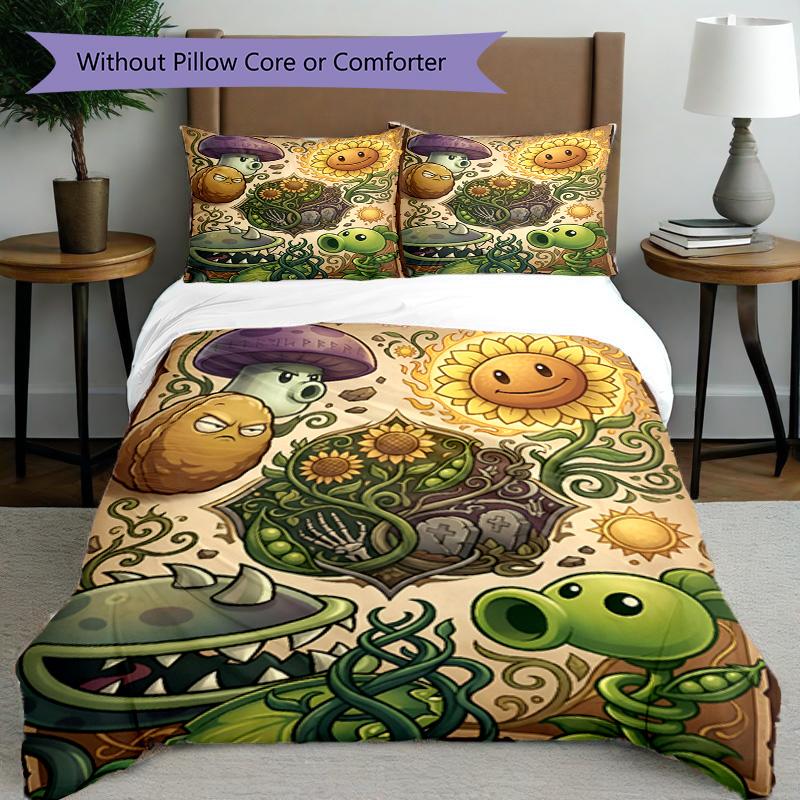 3pcs Duvet Cover Set (1*Duvet Cover + 2*Pillowcase, Without Core), Plants vs. Zombies Print Bedding Set, Bedroom Decor, All‑Season, Birthday Gift
