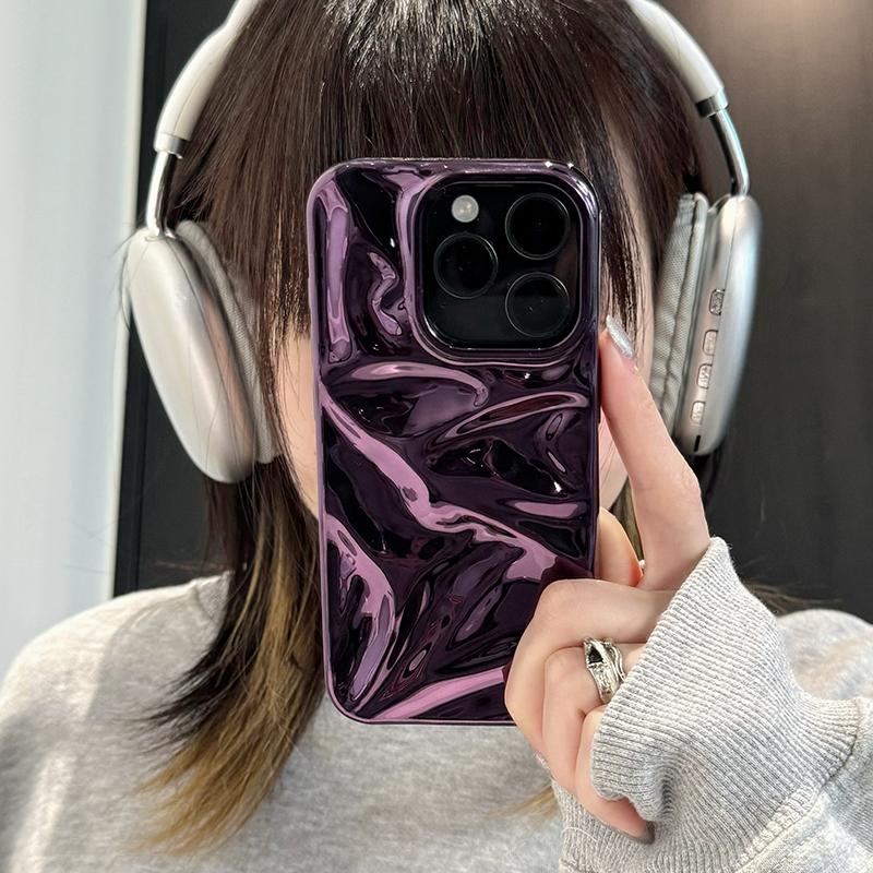 Plating Purple Meteorite Fold Texture Glossy Case For iPhone 16 Pro Max 17 Air 15 13 12 11 14 Plus Soft Shockproof Phone Cover