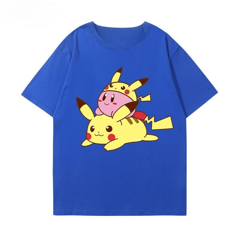 

Pokemon Pikachu and Star Kirby peripheral shortsleeved Unisexs and Womens loose summer pure cotton versatile Tshirts S