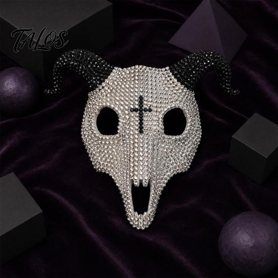 Light Luxury Skull Mask Halloween Rhinestone Full Face Mask, Black White Ram Horn Masquerade Sparkly Crystal Glitter Party for Adults Unique Costume