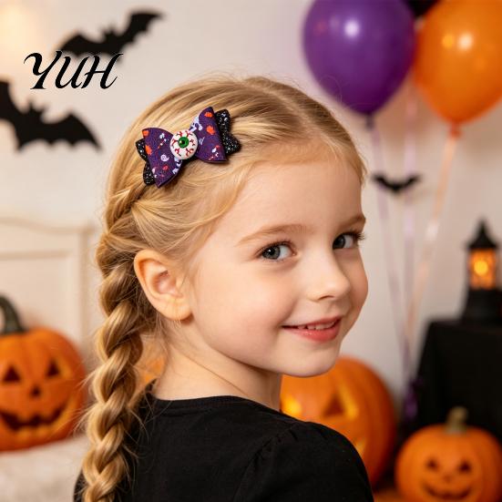 Cute Halloween Hair Accessories Glitter Bow Clips for Kids Baby Girls, Double Layer Party Dress Up Supplies Ghost/Pumpkin/Eyeball Bowtie Pins