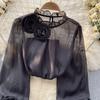 Ruffles Sweet Sheer Blouse O Neck Long Sleeves 3D Floral Loose Top Korean Style Streetwear Vintage OL Casual Shirt