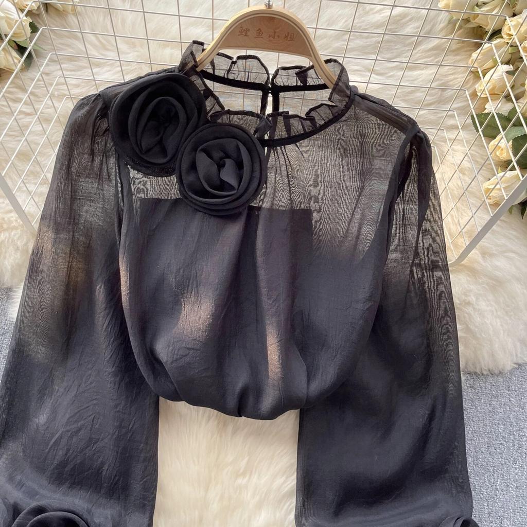 Ruffles Sweet Sheer Blouse O Neck Long Sleeves 3D Floral Loose Top Korean Style Streetwear Vintage OL Casual Shirt