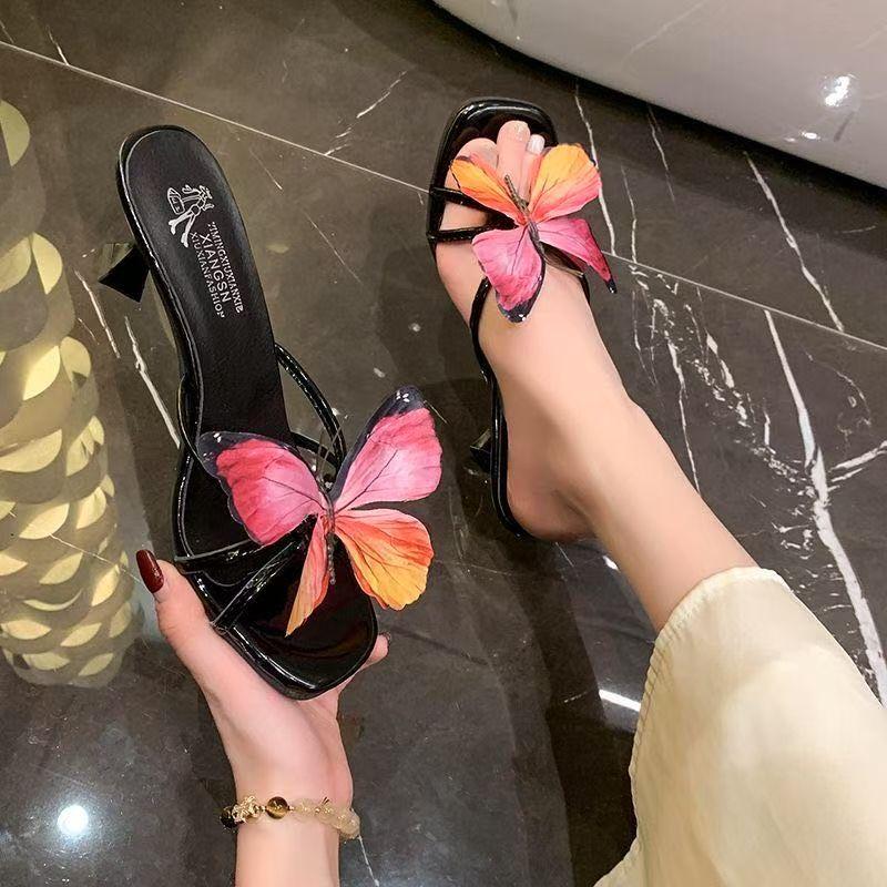 French Small Sandals Fashion Vacation High Heel Drag Niche Design Sense 2025 New Butterfly Thick Heel Shoes Women's Summer Wear