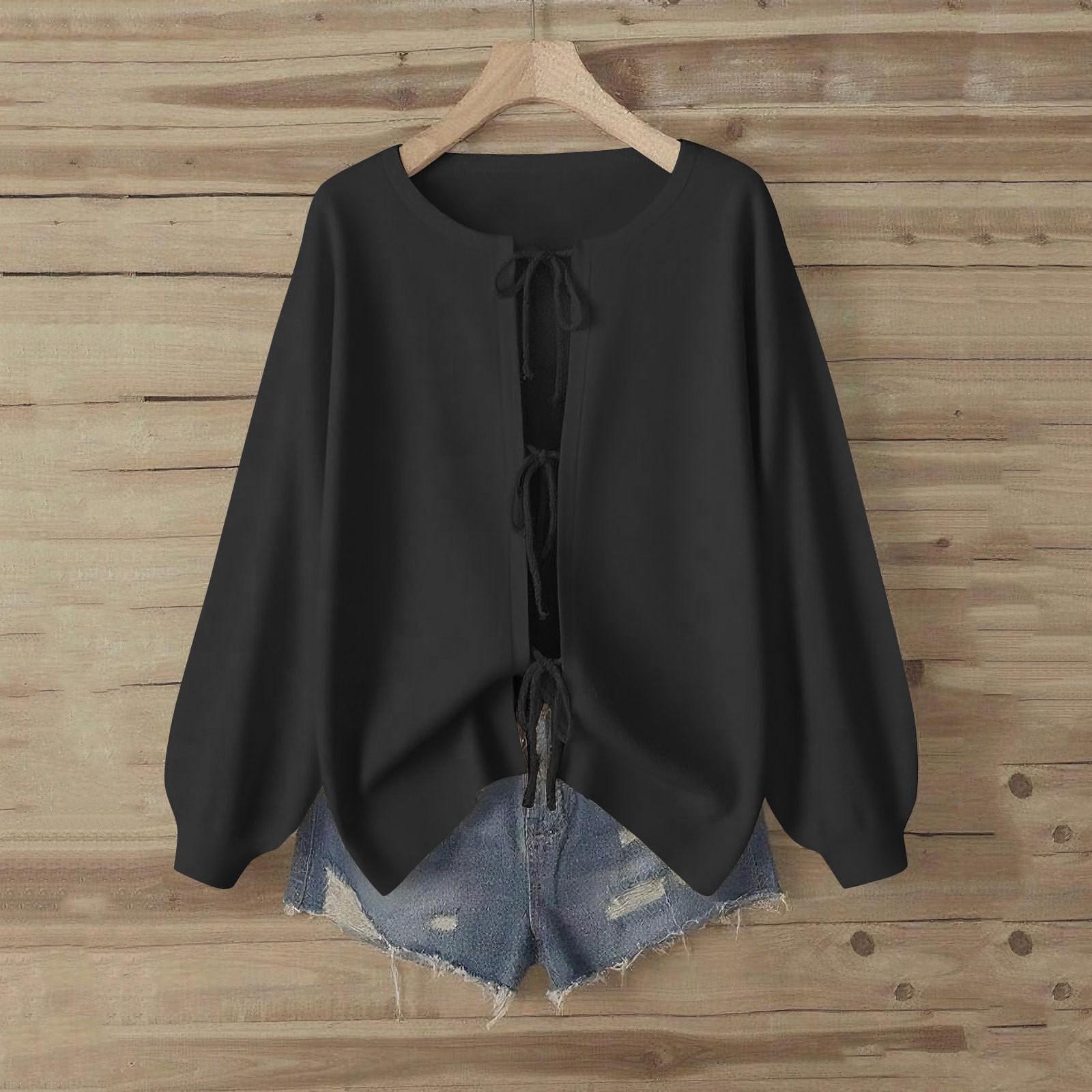 

Women s Casual Loose Fashion Long-sleeved Solid Color Drawstring Knitted Sweater Top M чёрный