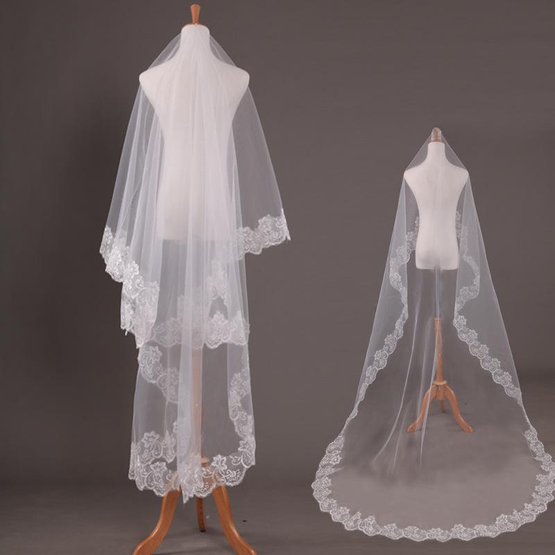 1PC Wedding Veil Lace Edge Long Luxurious Bridal Veil White Ivory Veil with Comb with Comb Cathedral Bride Accessories