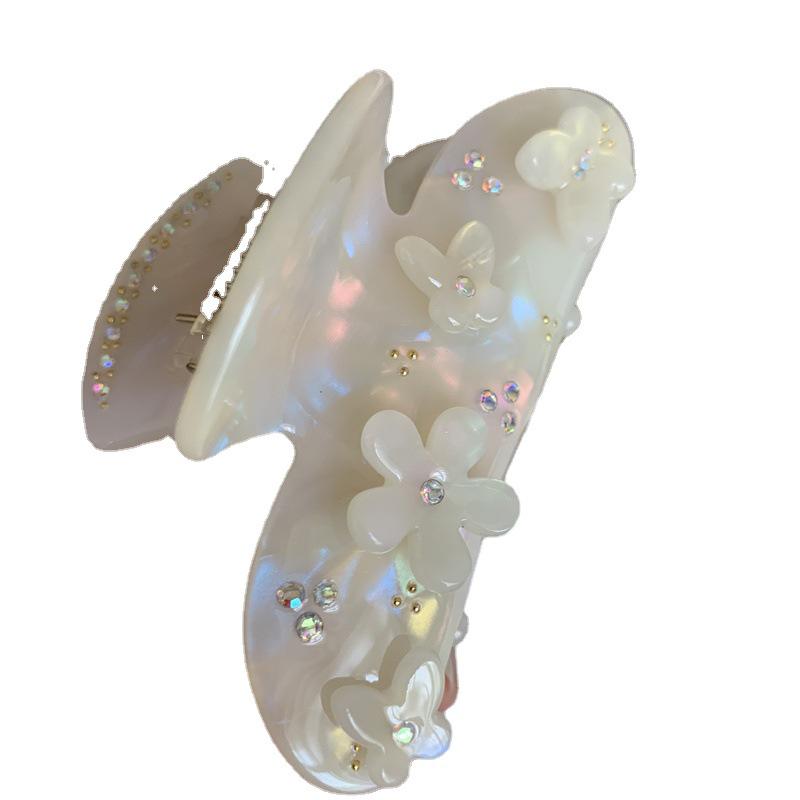 Korean-Style Acetate Butterfly Hair Clip with Floral and Diamond Accents