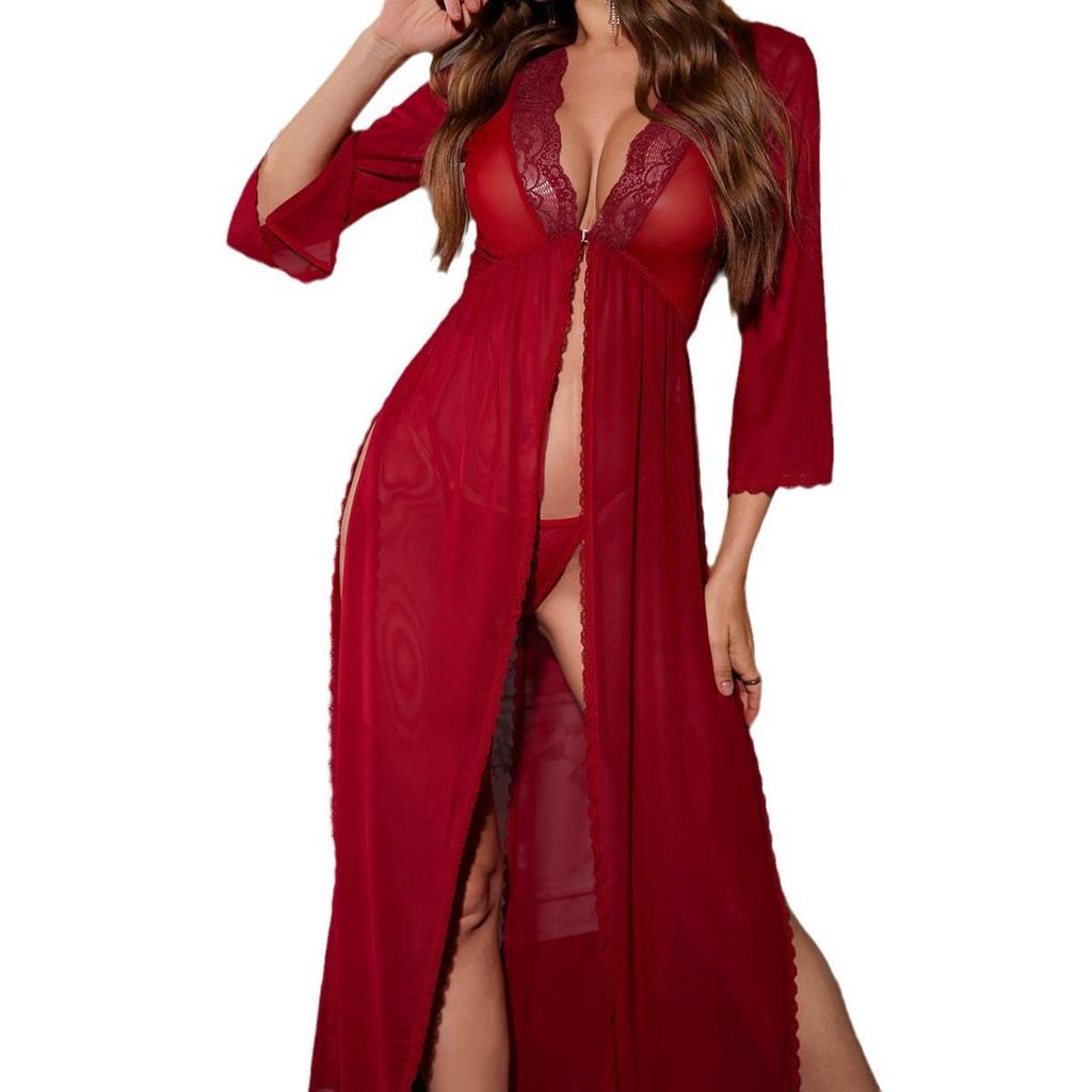 Neues Sexy Netz-Spitzen-Langes Gewand & Dessous-Set