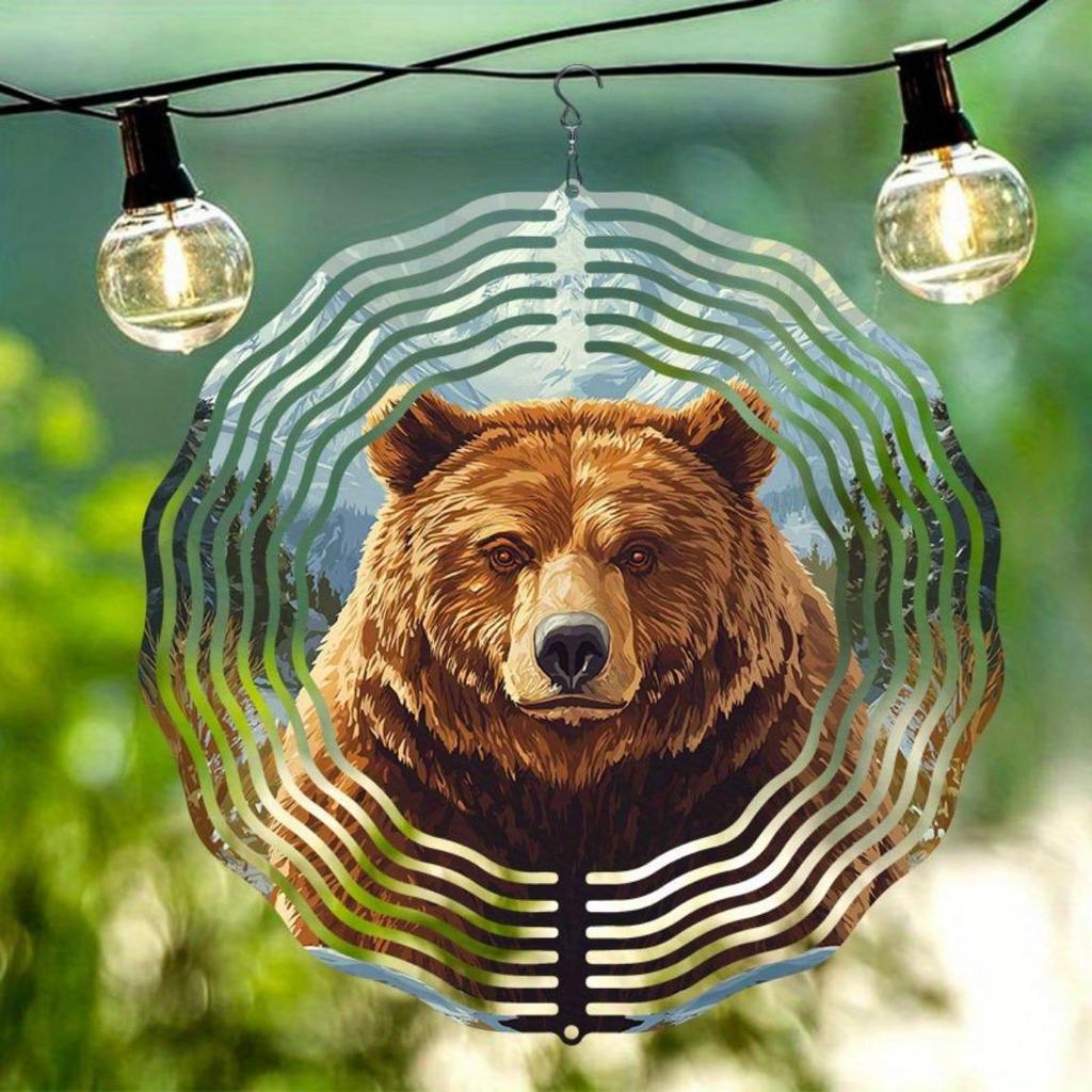 Metal Wind Chime with Rotating Brown Bear Design Outdoor Garden Decor Soothing Wind Powered Sound No Batteries Needed Handcrafted Gift