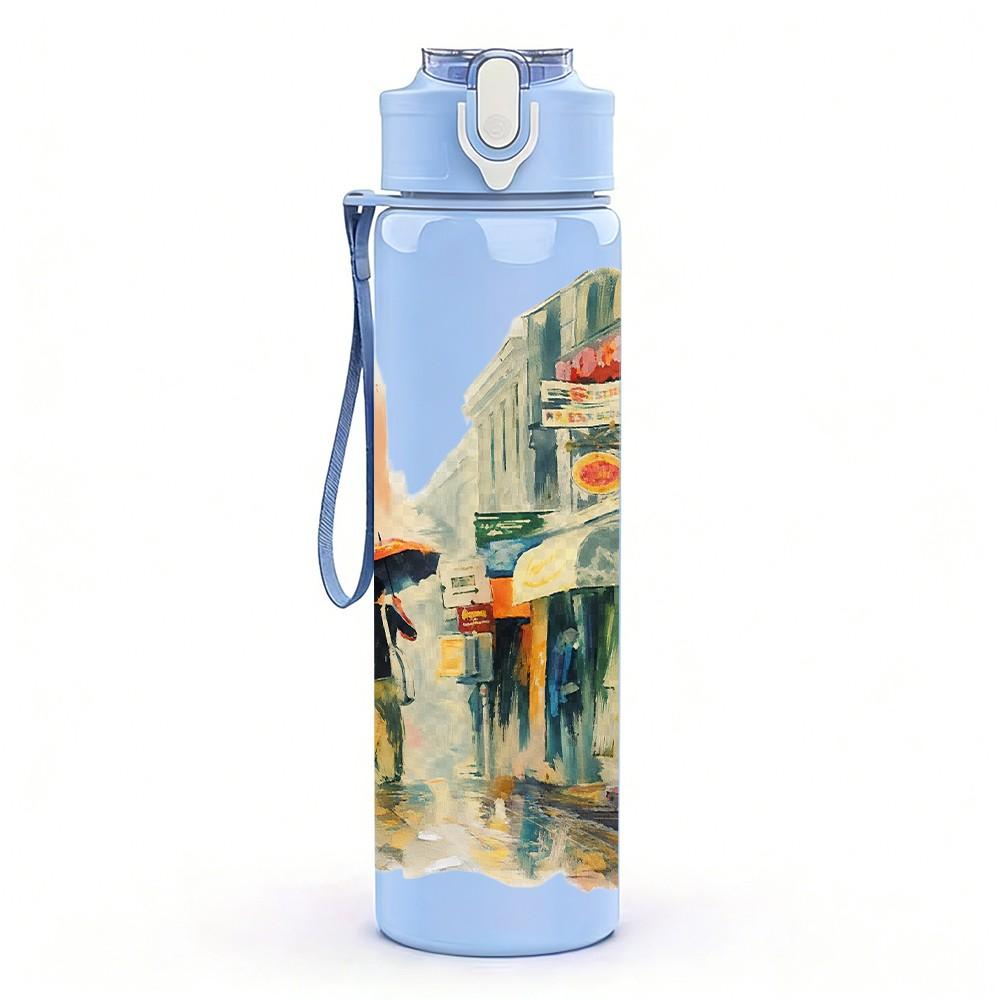 1PC Vintage House Building Art Print 750ml Color Plastic Sports Water Bottle Leakproof Flip Straw Lid Suitable for Sports Office Home Use