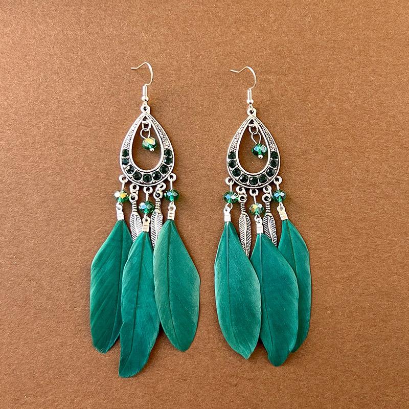Green Natural Water Drop Feather Earrings for Women Vintage Boho Long Rhinestone Crystal Dangle Earring Vacation Jewelry