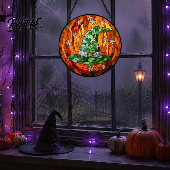 Ghost Lantern Props Halloween Stained Glass Suncatcher Ornament Vintage Hanging Window Decor with Pumpkin Bat Witch Weather Resistant Yard