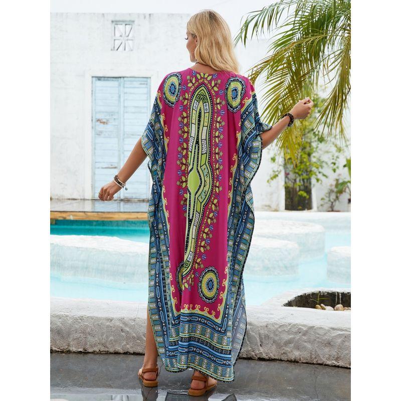 Bohemia Summer Fashion V Neck Positioning Print Loose Djellaba Beach Vacation Bikini Sun Protective Blouse