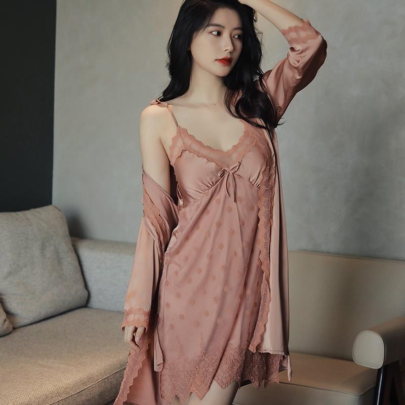 Suspender pajamas women's summer thin pajamas with chest pads Ice silk pajamas women's lace mesh two-piece set Spring and Autumn loungewear