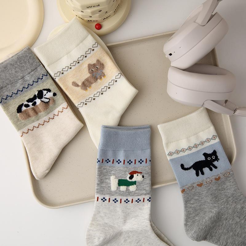 1/4Pairs Cartoon Cat Dog Pattern Comfortable Socks Breathable Anti Slip Sweat Absorbing Mid-Tube Socks Outdoor Warm Socks
