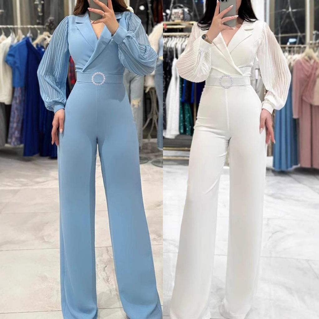 European & American Style Chiffon Spliced Long Sleeve Women's Office Jumpsuit