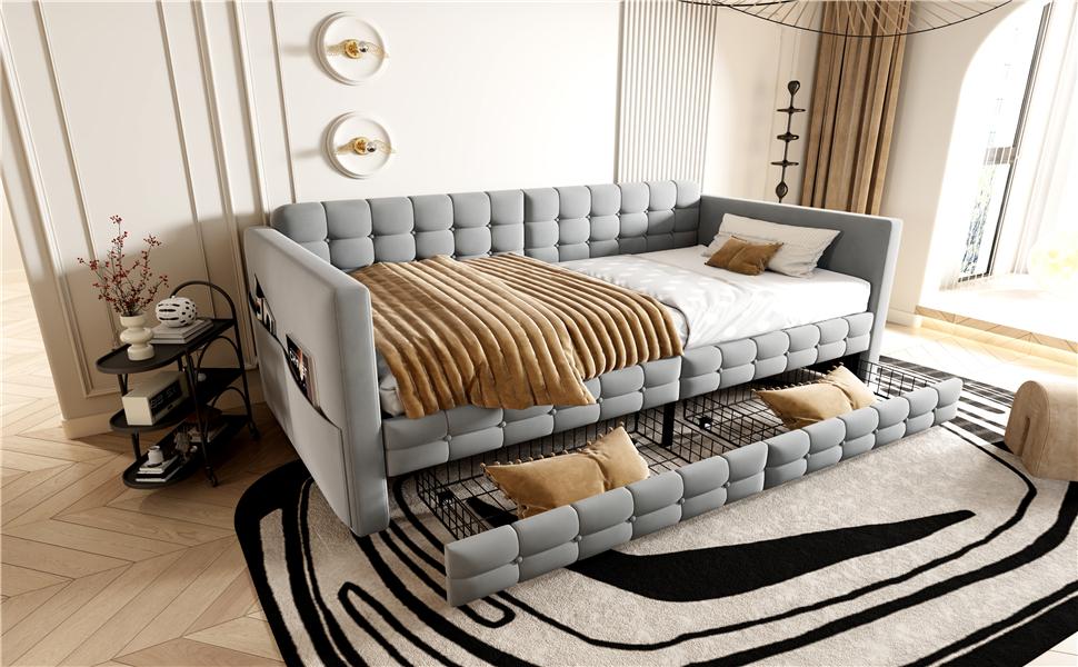 Upholstered Sofa Bed 90x190, Checkered Pattern, Storage Compartments On Sides, Two Drawers Under Bed, Guest or Single Bed, Velvet Fabric, Light Grey
