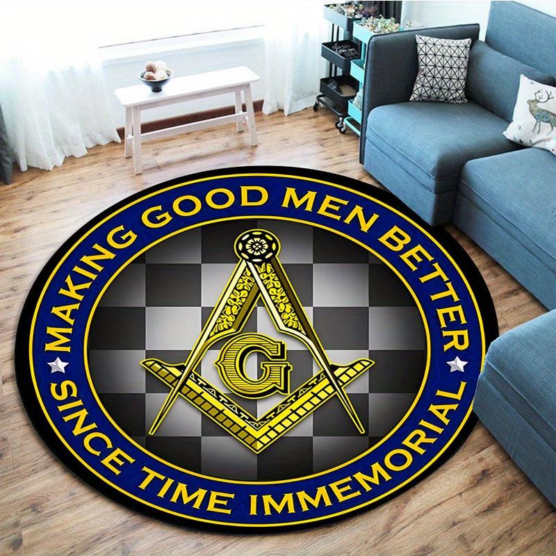 Freemason Square Compass G Logo Round Rug Flannel Masonic Symbol Decor For Man Cave Office Study Room Gold Blue CheckeredNonSlip