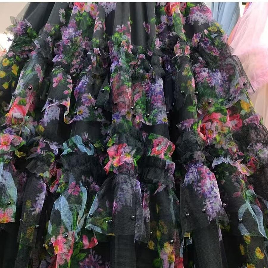 Reinforcement Nail Pearl Patchwork Printed Mesh Cake Dress Half Skirt for Girls New Hollow Out Long Dress