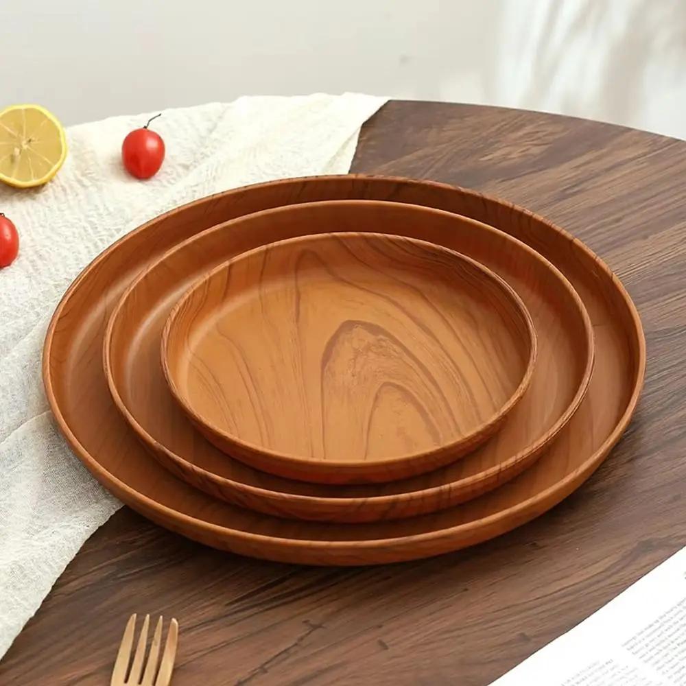 1Pcs New 20/26/32/38cm Imitation Wooden Tray Handmade Plastic Water Cup Tray Round Dishes Plate Home Use