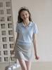 [Qiao Mi] Korean Shoulder Polo Shirt Women's Ice Silk Knitted Short-sleeved T-shirt Summer Small Lapel Top