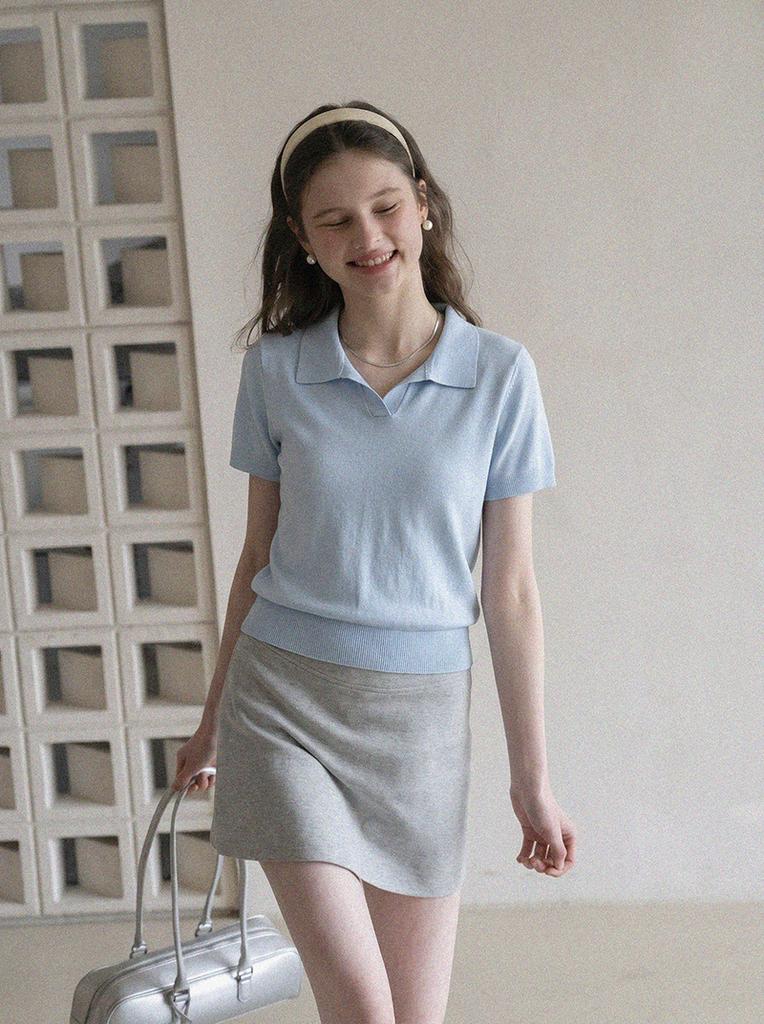 [Qiao Mi] Korean Shoulder Polo Shirt Women's Ice Silk Knitted Short-sleeved T-shirt Summer Small Lapel Top