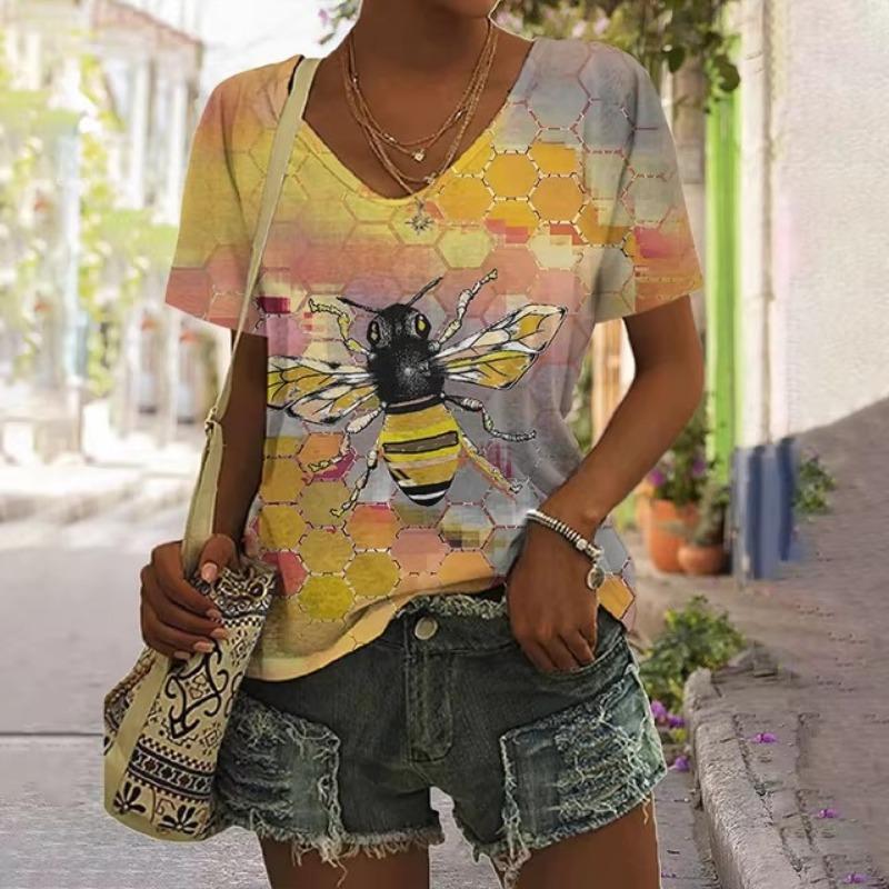 3D Print Women's T-shirt Bee Graphic Harajuku Clothing Female Casual Streetwear Summer V-Neck Oversized Short Sleeve Shirt