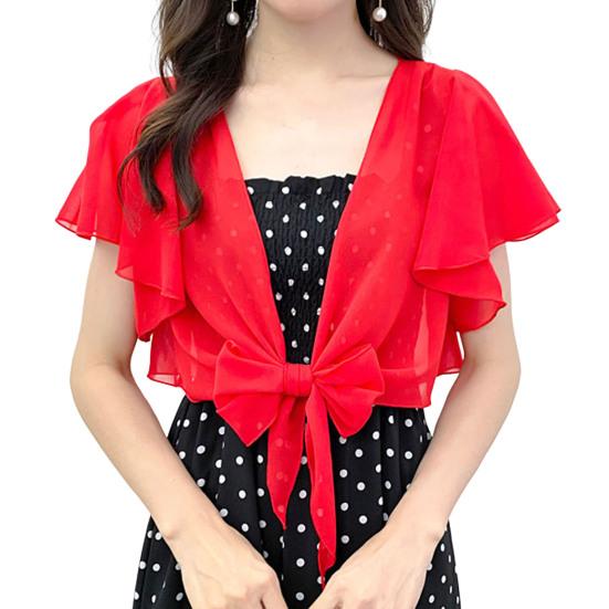 Ruffle Sleeve See-Through Front Lace-up Lady Cover-Up Chiffon Short Jacket Sunscreen