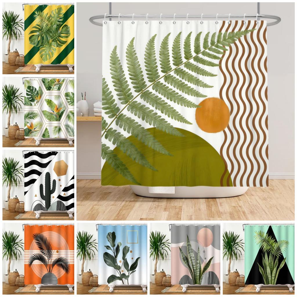 Tropical Rainfores Bathroom Shower Curtain Plant Green Leaves Simple Line Decor Waterproof Bathtub Bathroom Curtain With Hooks